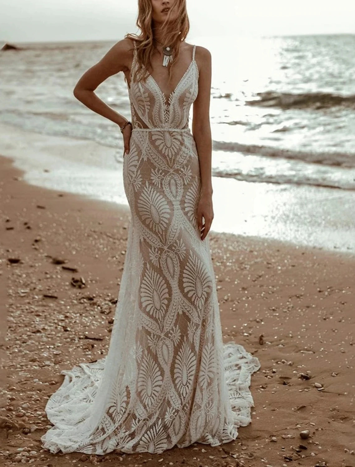 Wholesale Beach Vintage Open Back Wedding Dresses Mermaid / Trumpet Camisole V Neck Sleeveless Sweep / Brush Train Chiffon Bridal Gowns With Pleats Solid Color